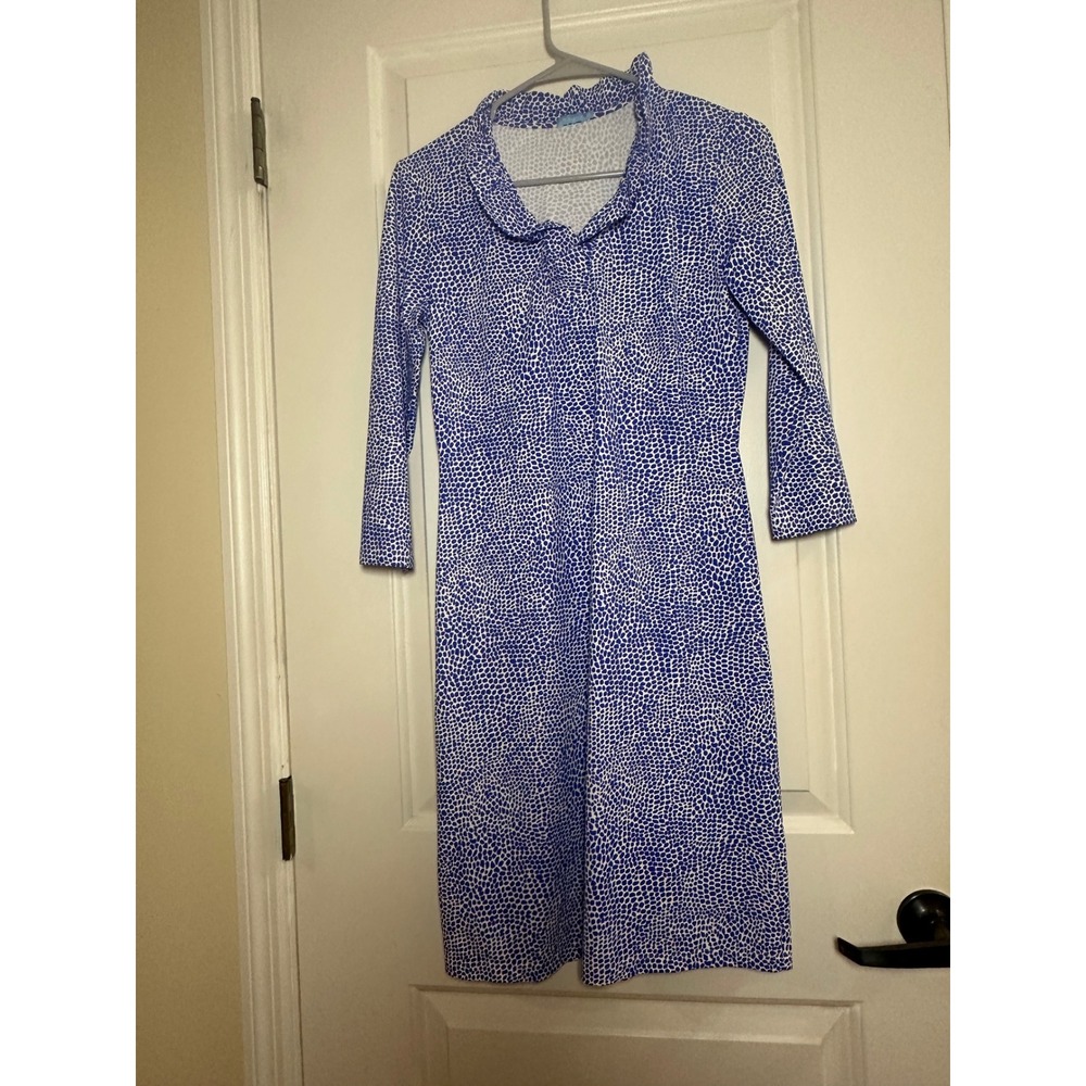 J.McLaughlin Blue White Pebble Print Ruffle Collar Shift Dress XS 3/4 Sleeve
